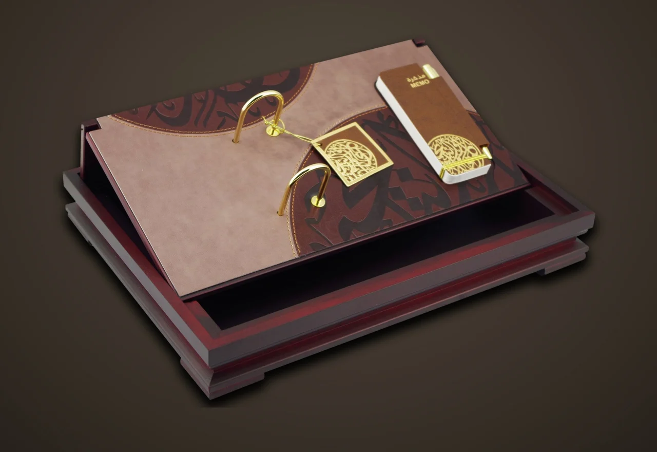Wooden box calendar with two-tone leather, item 7925FBU