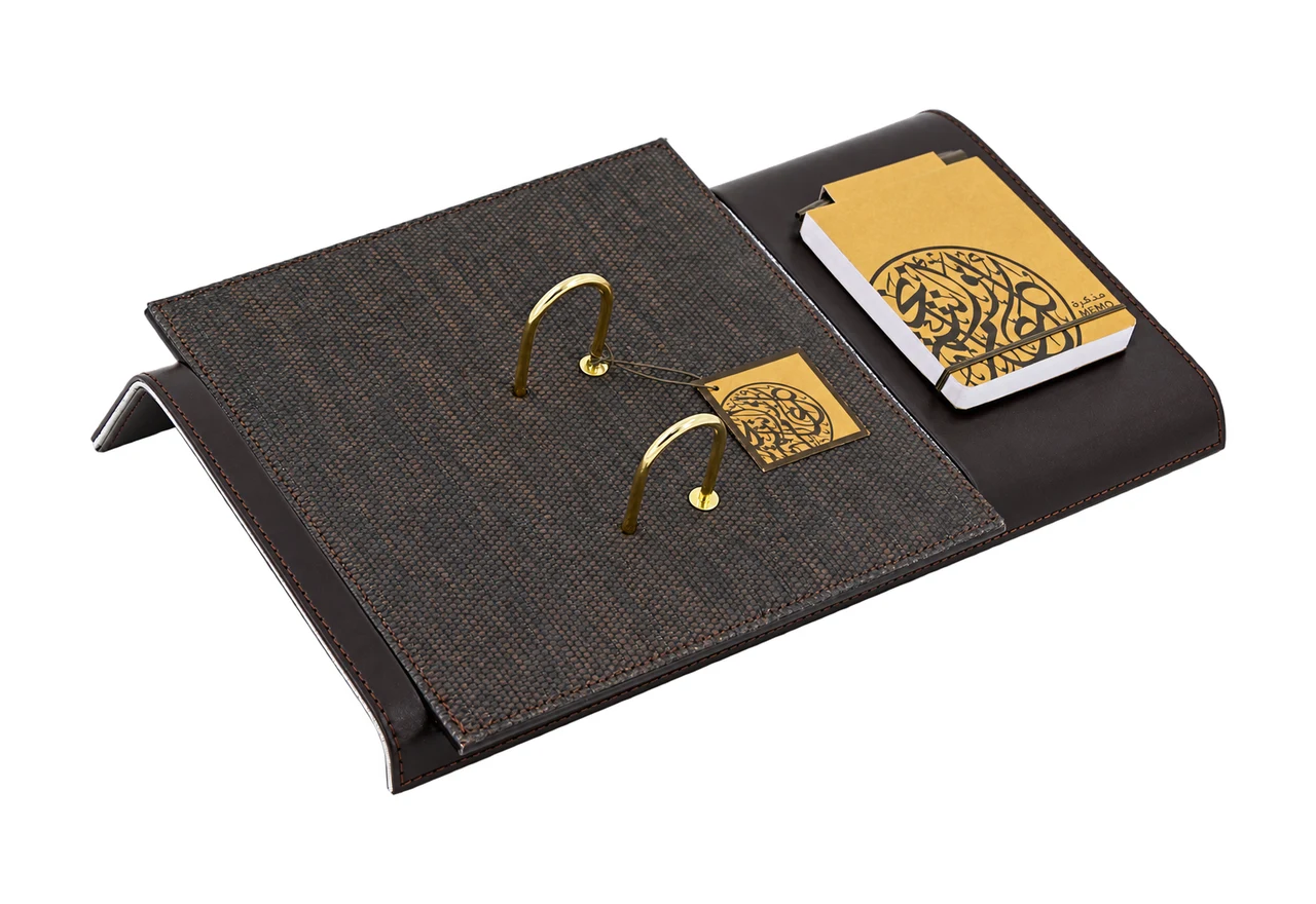 Woven-texture desk calendar on brown leather, item 81280