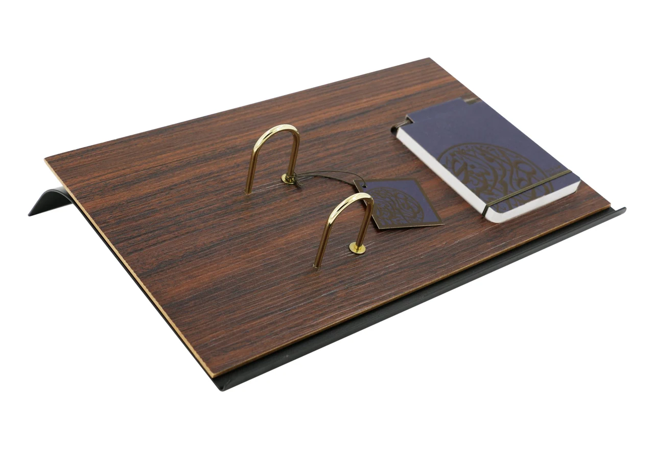 Wood-grain desk calendar on a curved metal base, item 81281