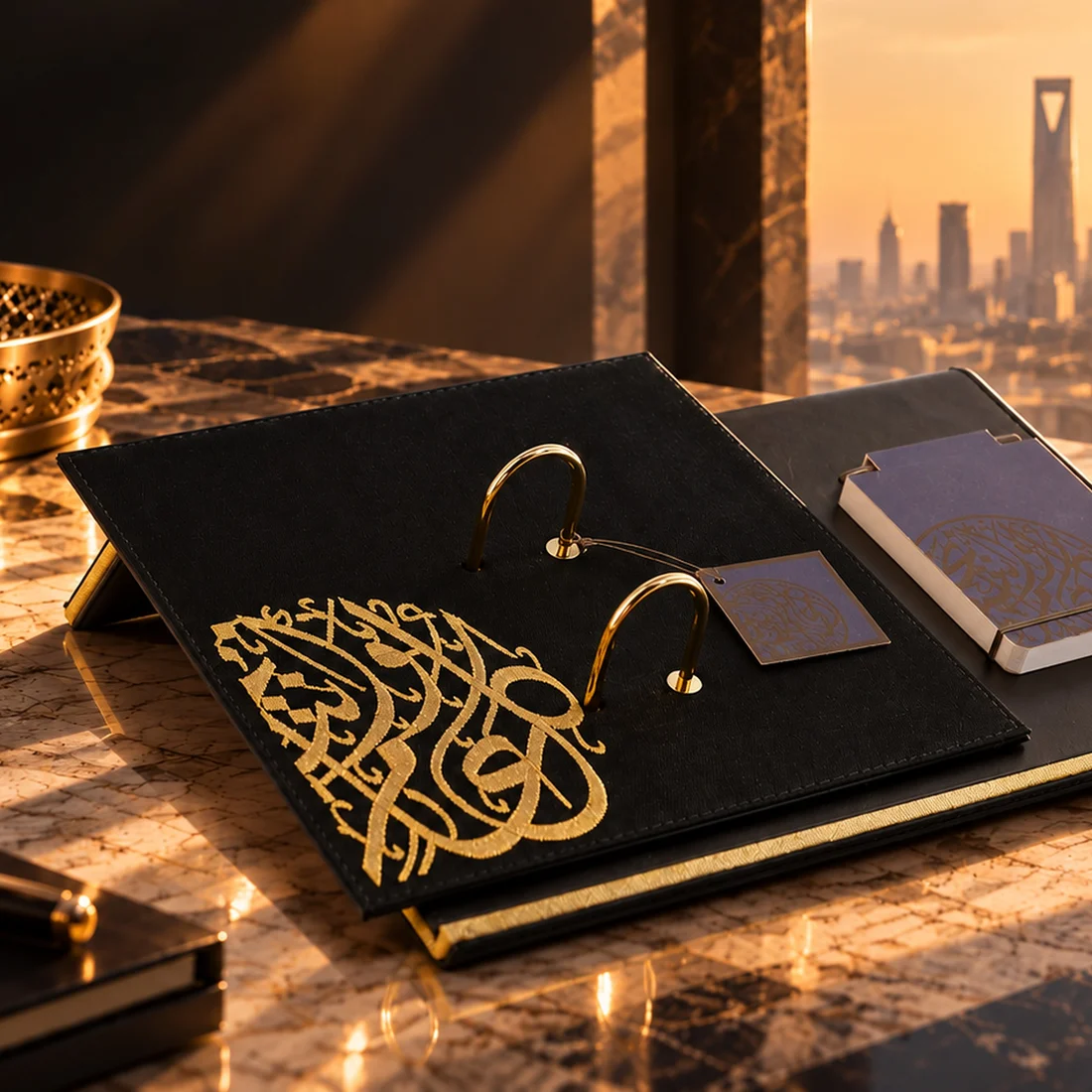 Canvas desk calendar with gold embroidery on a desk at sunset