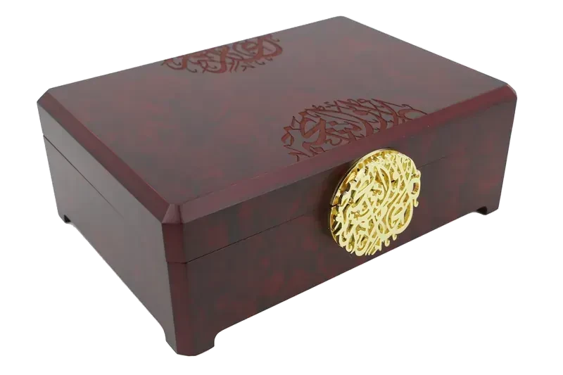 Burgundy wooden ceremonial gift box with engraved Arabic calligraphy and a gold medallion