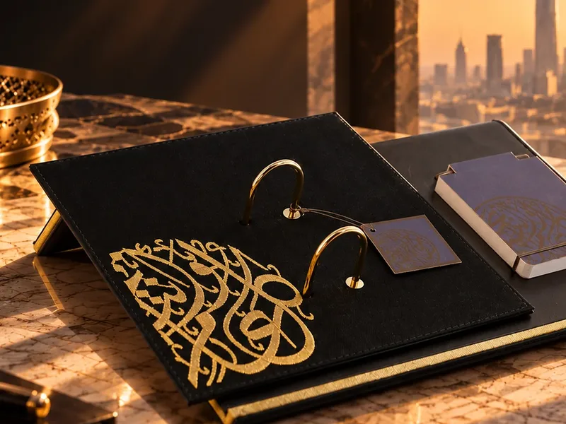 Black canvas desk calendar with gold calligraphy on a marble desk at sunset