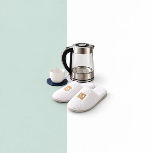 branded hotel and hospital amenities: glass kettle and capsule coffee machine