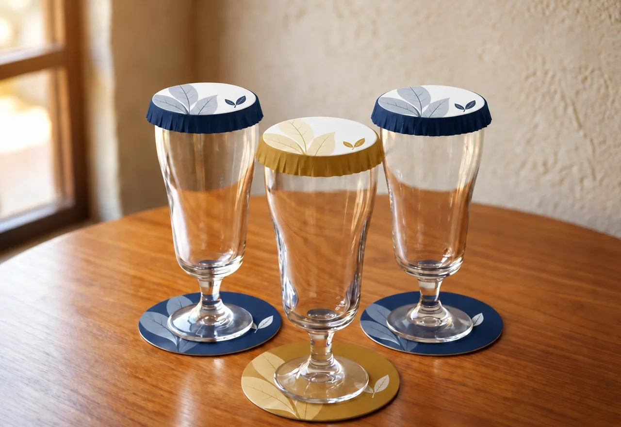 Goblet, cup cover and coaster, In use