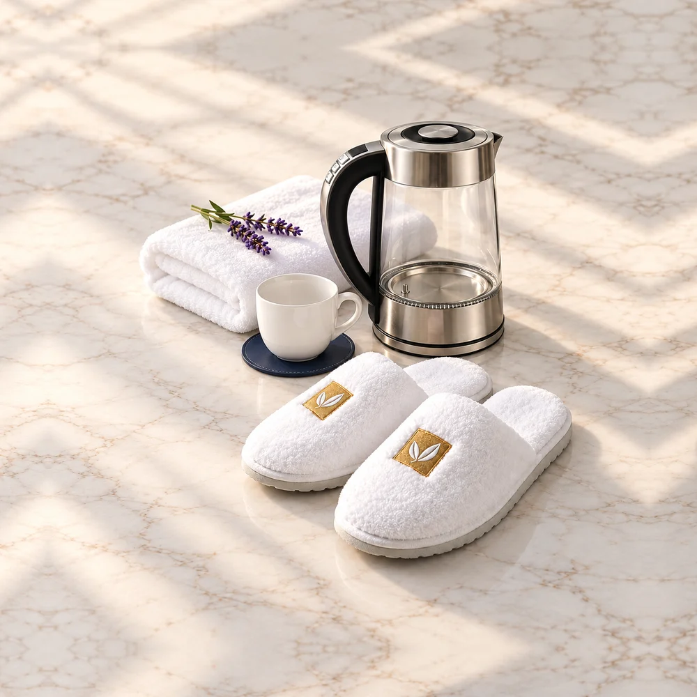Glass kettle, white cup and branded guest slippers on a marble counter