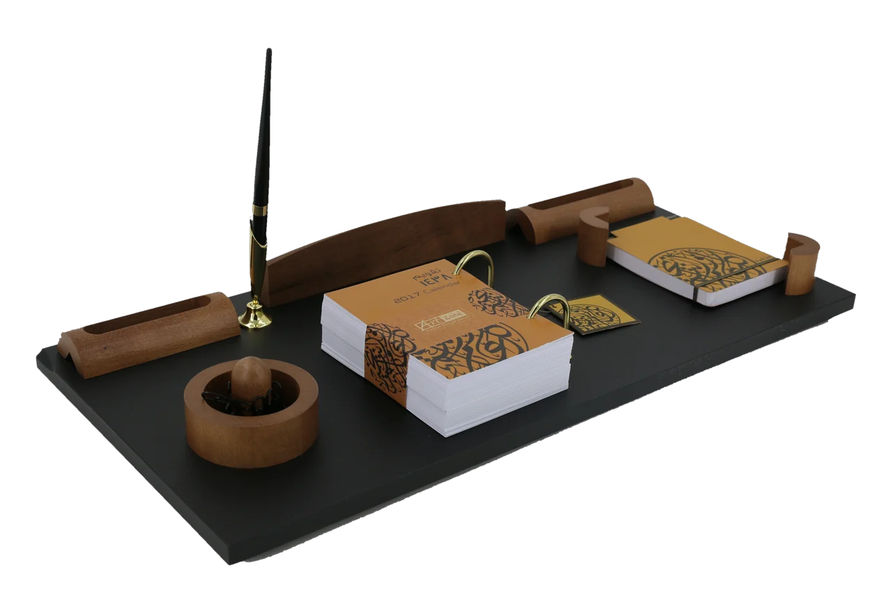 Curved walnut calendar set on black, item 17EC02