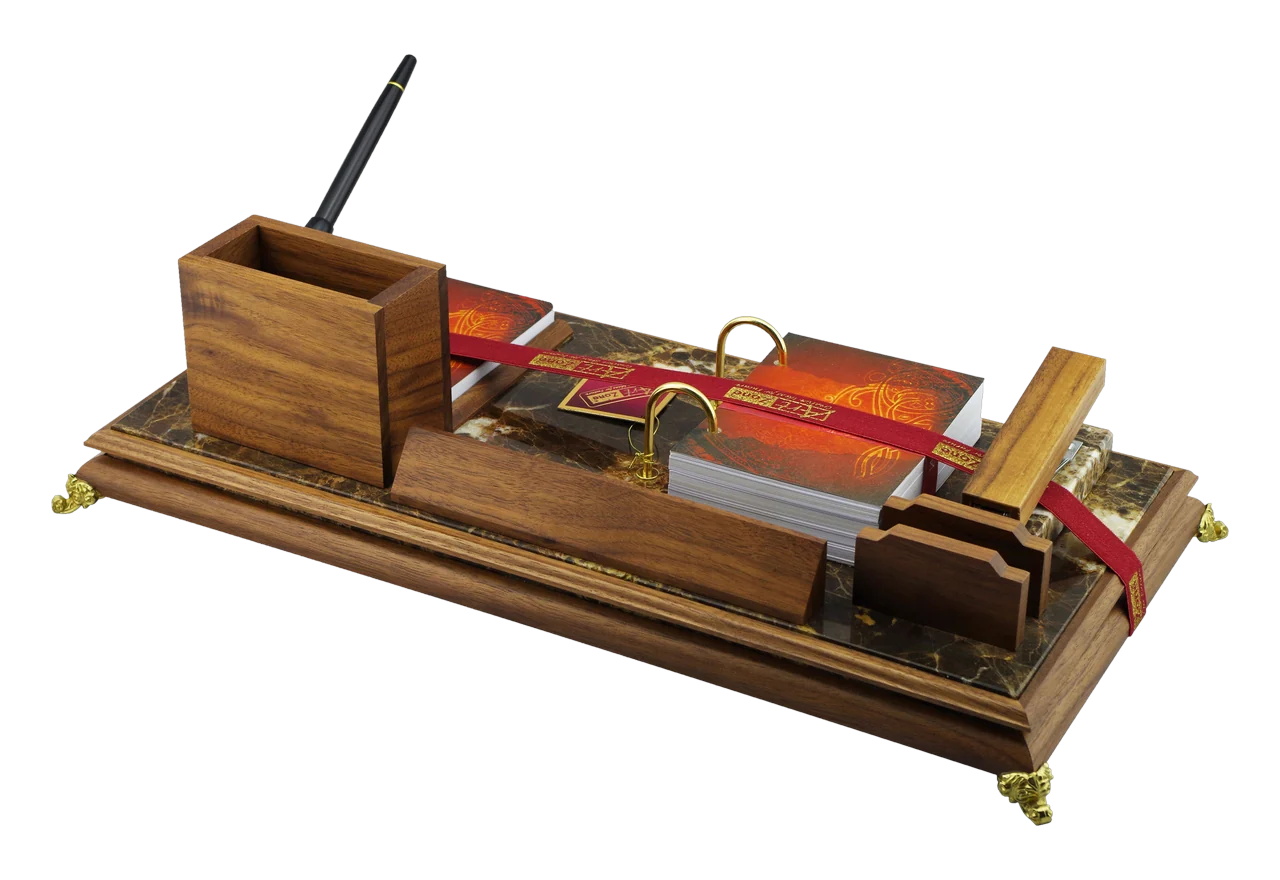 Brown marble and walnut calendar set, gold-plated legs, royal desk calendar, item 7823WBN