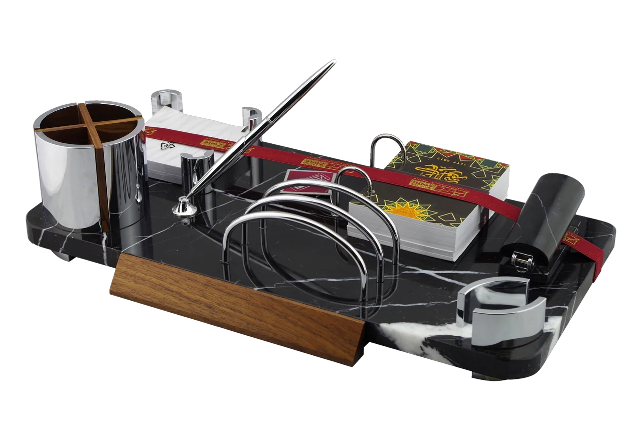 Black marble and chrome royal desk calendar with walnut pen box
